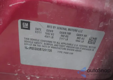 2011 Chevrolet Cruze Lt из США, поврежденный, VIN 1G1PE5S93B7201726